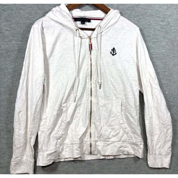 Tommy Hilfiger White Anchor Embroidered Cotton Hoodie‎ Jacket L Nautical - Picture 1 of 5